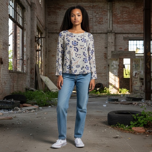 Daniel Rainn Jinnie Zipper Detail Blouse Size S Blue Floral Roomy Career Casual - Picture 2 of 15